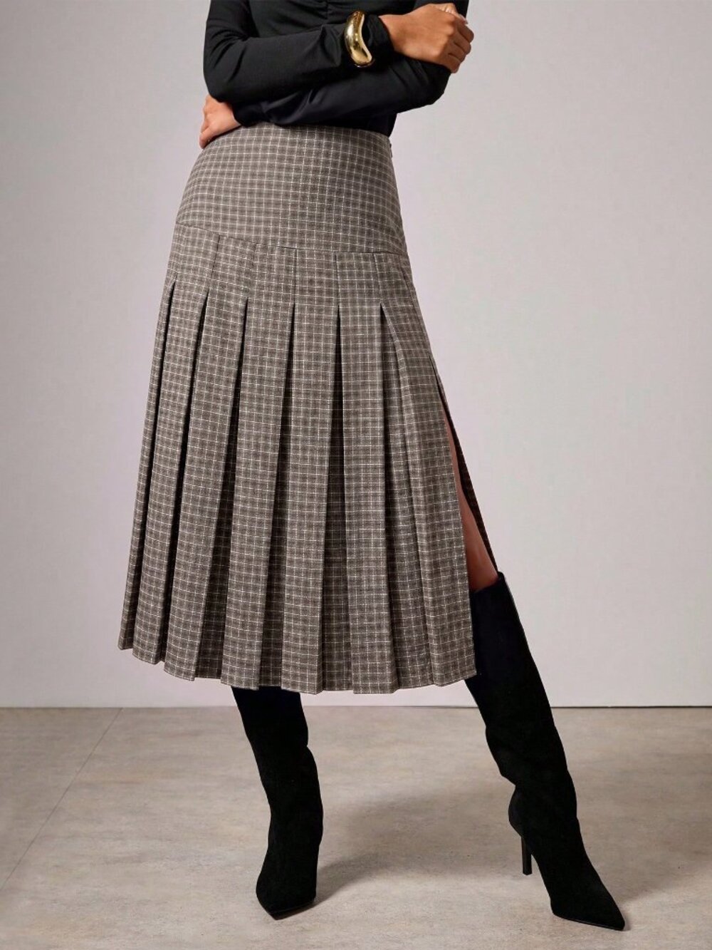 Brown Elegant Women's Plaid Pleated Midi Skirt - Picture 5 of 6